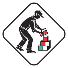 Worker stacking colored blocks inside diamond frame