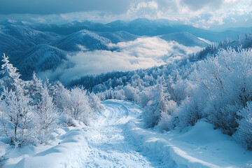 A breathtaking winter landscape showcasing snow-covered trees and misty mountains under a serene blue sky. The snow-covered path invites exploration.