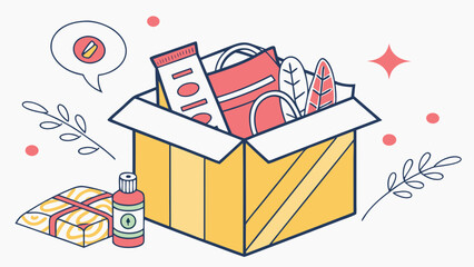 Yellow box with gifts and cosmetic bottle present