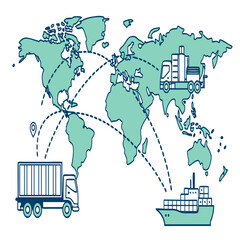 World map with shipping and trucking logistics routes