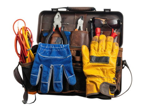Open toolbox with various tools, gloves, and wires on a clean background