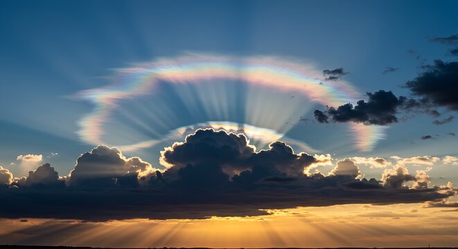 Iridescent pileus cloud with sun rays a rare atmospheric optical phenomenon creating vibrant colors in the sky