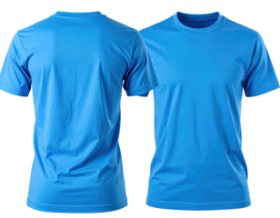 Front and back view of a simple, light blue, short-sleeved crew neck t-shirt