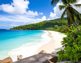 Pristine white sand beach curves gently into turquoise water, backed by lush green hills and palm trees