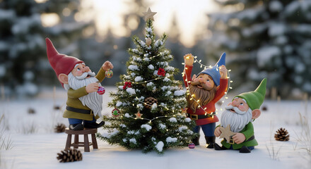 Gnomes decorating a snowy forest Christmas tree together. Funny holidays christmas card