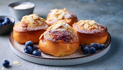 Fototapeta premium Close Up Of Brioche Buns With Blueberries Almond Flakes And Powdered Sugar In A Plate On The Table Horizontal