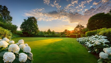 Lush Green Lawn With Blooming White Hydrangeas Surrounded By Manicured Shrubs And Trees Under Beautiful Sunset Sky Serene And Inviting Outdoor Space Perfect For Relaxation