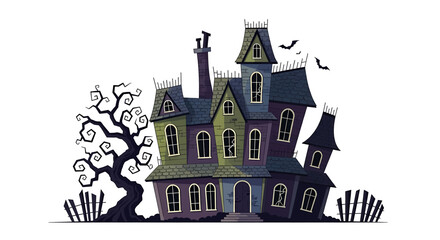 Cartoon illustration of a spooky haunted house with bats and a gnarled tree.