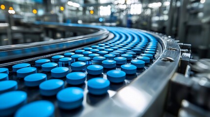 Obraz premium Automated pill production line, blue tablets moving on conveyor belt