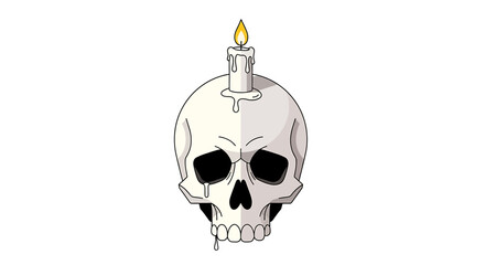 A stylized illustration of a human skull with a lit, melting candle on top, shedding a single tear from an eye socket.