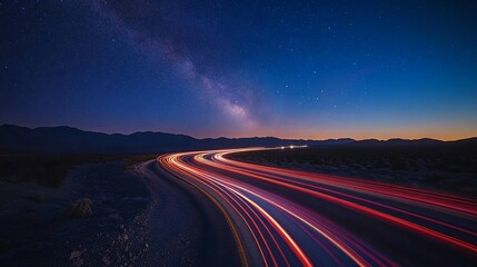 Night road, Milky Way, desert, light trails