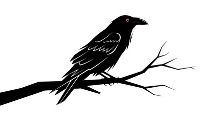 Silhouette of a black crow perched on a bare tree branch against a white background.