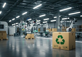 Sustainable manufacturing with robotic arms and recycled packaging in a cutting edge factory promotes eco friendly supply chain solutions for modern businesses