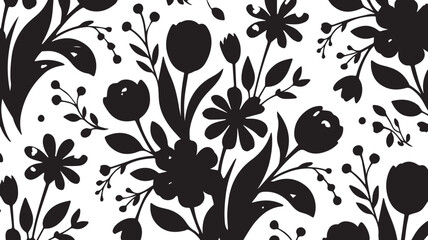 Vector art of black floral pattern with tulip and daisy for spring and summer theme