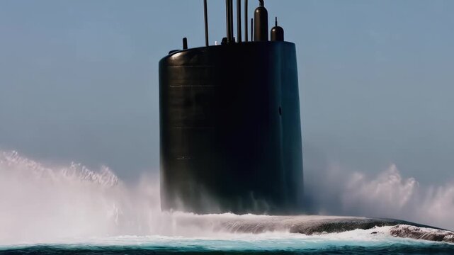 Advanced combat ship demonstrates its high-speed capability on open water during mission. Military submersible surges forward, creating huge splash