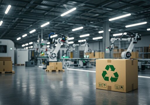 Sustainable manufacturing with robotic arms and recycled packaging in a cutting edge factory promotes eco friendly supply chain solutions for modern businesses