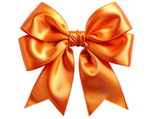 A photorealistic, vibrant orange satin bow with multiple loops and streamers