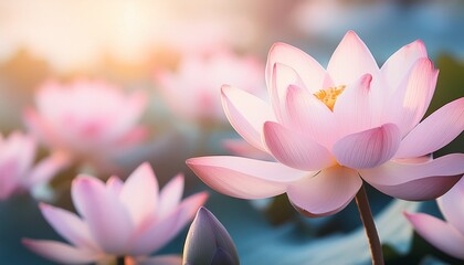 Delicate Pink Lotus Flowers Soft Petals Serene Background Elegant Spiritual Natural
