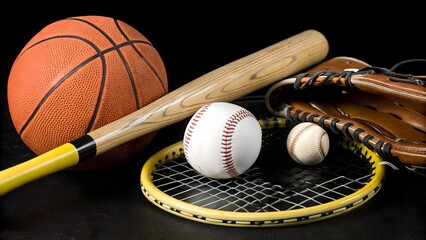 Still Life of Sports Equipment on Black Background &ndash; Basketball, Baseball, Tennis, Football, and Soccer in Studio Lighting