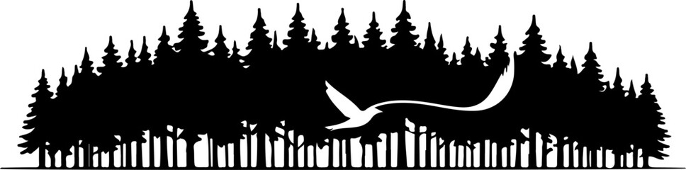 Silhouette of Pine Trees with Flying Birds Against a White Background
