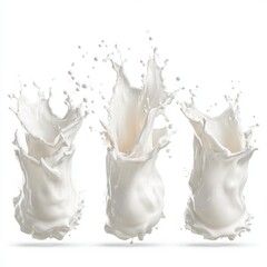 Three dynamic milk splashes against a clean backdrop, showcasing the fluidity and texture of the dairy product