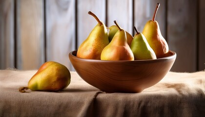 Organic Pears In Bowl On Wooden Background Linen