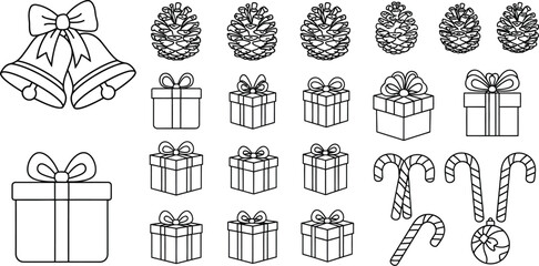 Christmas and New Year doodle set with gift, bell, and candy cane