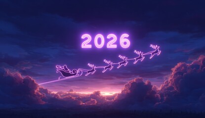 Neon Lights 2026 Year Celebration with Santa and Reindeer Sky Scene