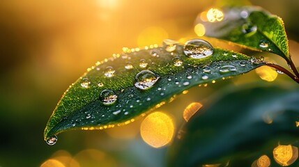 Close-up of a vibrant green leaf adorned with glistening water droplets, catching sunlight