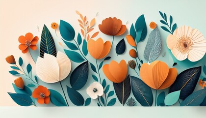 Abstract Groovy Modern Flowers And Leaves Scandinavian Stily Flat Illustration