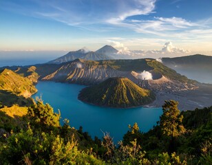 Naklejka premium Volcanic caldera lake at sunset, vibrant turquoise water, lush green slopes, and hazy mountains in the distance