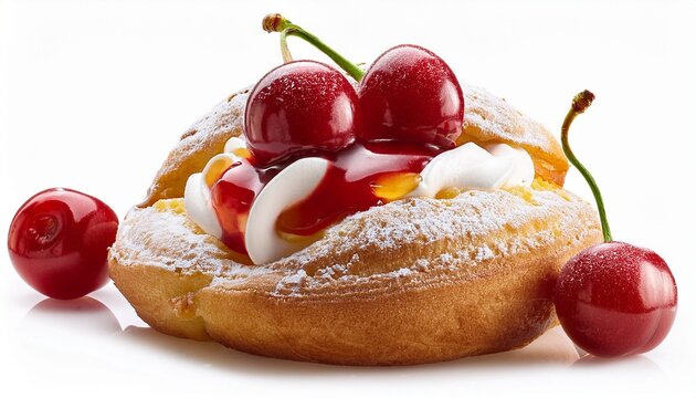 Italian Dessert Zeppola Di San Giuseppe Baked Cake Garnished With Custard And Sour Cherries In Syrup Isolated On White Background Close Up