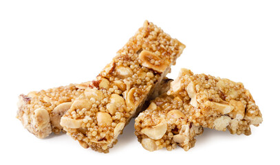 Granola bars and halves close-up on a white. Isolated