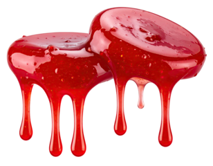 Two glistening, round blobs of red, dripping sauce, isolated on black