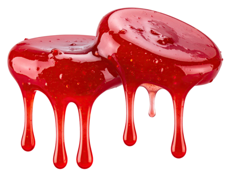 Two glistening, round blobs of red, dripping sauce, isolated on black