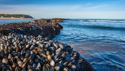 Clusters Of Mussels Shellfish Line Rocks At A Tidal Point On The Sea