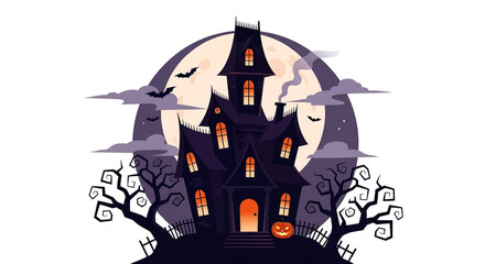 A spooky haunted house with glowing windows and bats flying in front of a large full moon on a cloudy night, evoking a Halloween atmosphere.