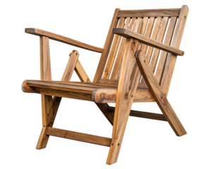 Wooden Adirondack-style chair isolated on black background, warm tones