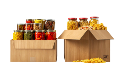 Dual Variation Food Donation Boxes with Canned Goods and Pasta, Isolated on Transparent Background.