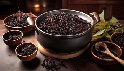 Dried Elderberries In A Pot And Bowls