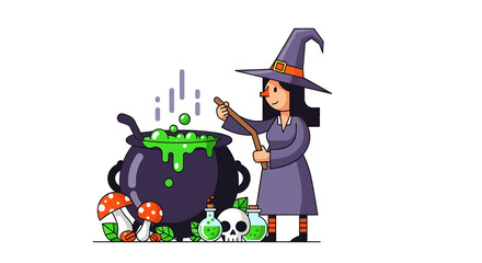 Cartoon witch stirring a bubbling green potion in a cauldron with mushrooms and skull.