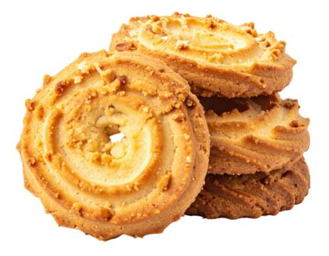 Stacked spiral shortbread cookies with chopped nuts, close up view