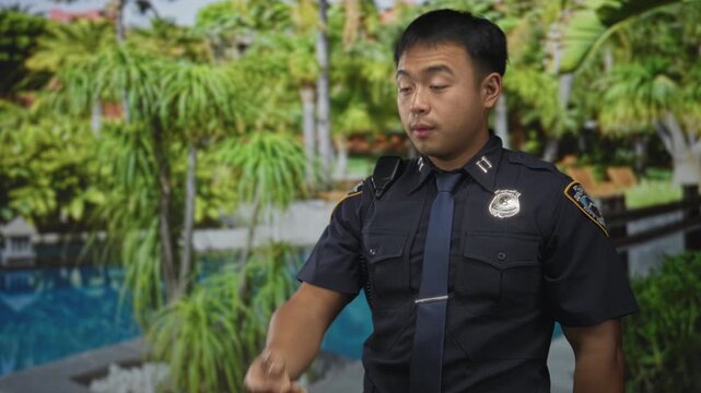 Man in police uniform under sunlit greenery pointing finger beside pool by resort building; vigilance.