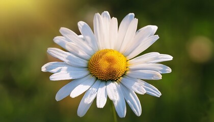 Fototapeta premium Close Up Of Oxeye Daisy Leucanthemum Vulgare Bloom With White Petals And Yellow Center On Green Meadow Background N Wildflower Symbol Of Simplicity And Natural Beauty