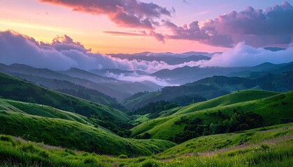 Fototapeta premium Serene Mountain Landscape with Lush Green Hills at Golden Hour with Pastel Skies and Foggy Valleys Creating a Peaceful Atmospheric Vista