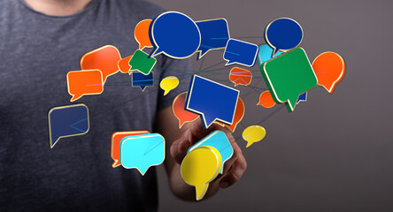 Man touching digital chat icons, emphasizing networking and connections in the digital world. Communication and technology concept.