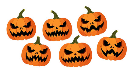 A collection of six illustrated Halloween pumpkins with evil, scary carved faces on a white background.