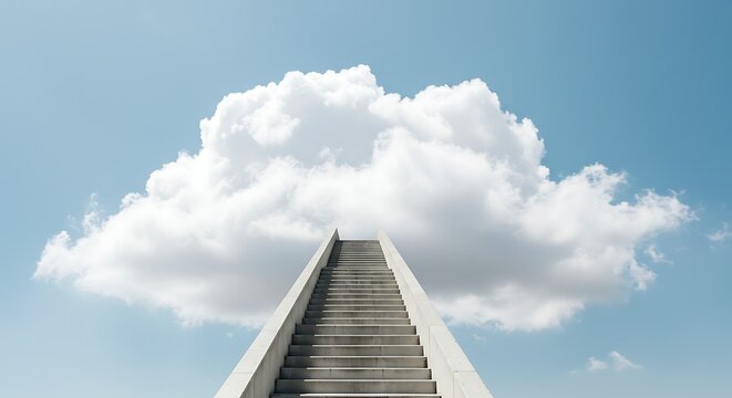 Staircase to cloud concept ascending steps into clear blue sky background