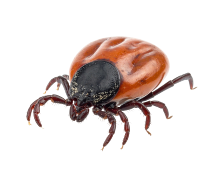 Close-up of a engorged tick with brown body and black head on black background