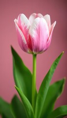 Naklejka premium Single pastel pink and white tulip, isolated on lush green , macro, blossom